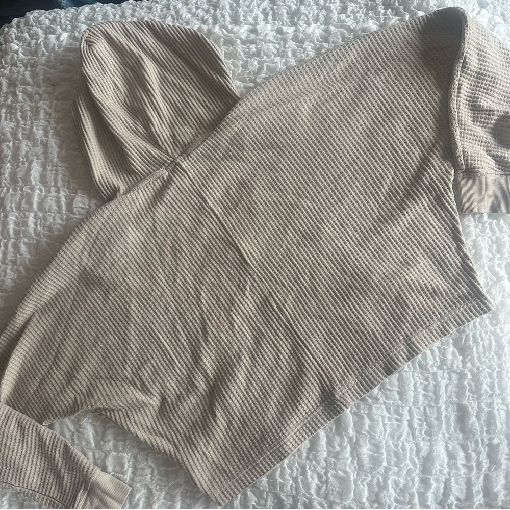 Three Dots Waffle Knit Thermal Hoodie Oat Beige Pullover Medium - Picture 7 of 8